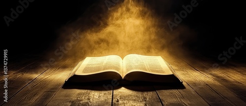 Opened book resting on wooden floor with soft, golden light highlighting pages and surrounding atmosphere