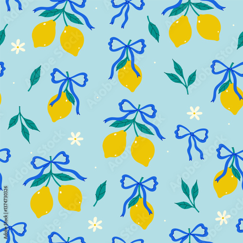 Seamless pattern with lemons and blue ribbons on a light blue background. Vector graphics.