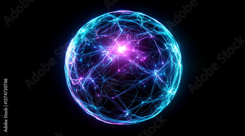 Glowing blue and purple abstract sphere of tiny particles like data flow on a dark background. Creative digital tech circle