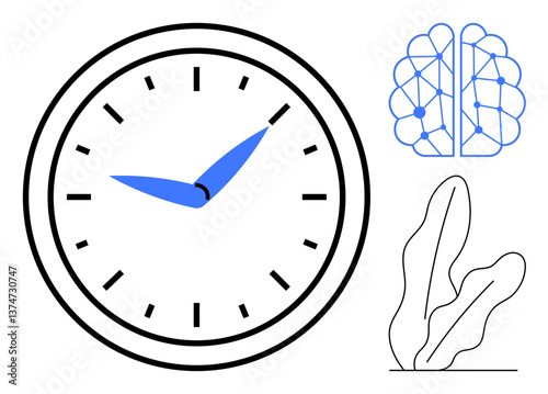 Clock face with blue hands, neural network brain diagram, and minimalist plant illustration. Ideal for time management, productivity, science, artificial intelligence, nature, minimalism work-life