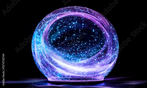 Glowing blue and purple abstract sphere of tiny particles like data flow on a dark background. Creative digital tech circle