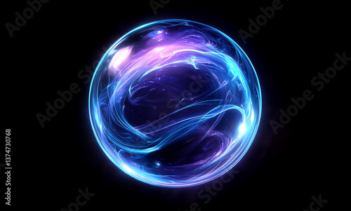 Glowing blue and purple abstract sphere of tiny particles like data flow on a dark background. Creative digital tech circle