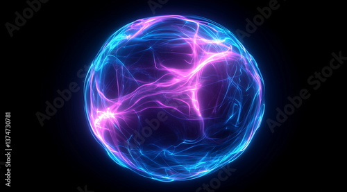 Glowing blue and purple abstract sphere of tiny particles like data flow on a dark background. Creative digital tech circle