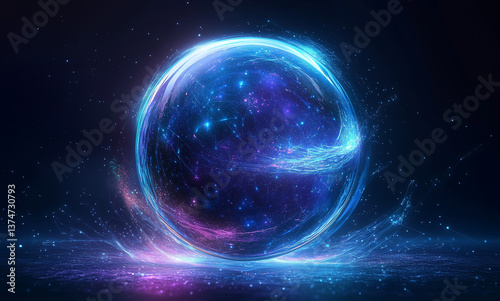 Glowing blue and purple abstract sphere of tiny particles like data flow on a dark background. Creative digital tech circle