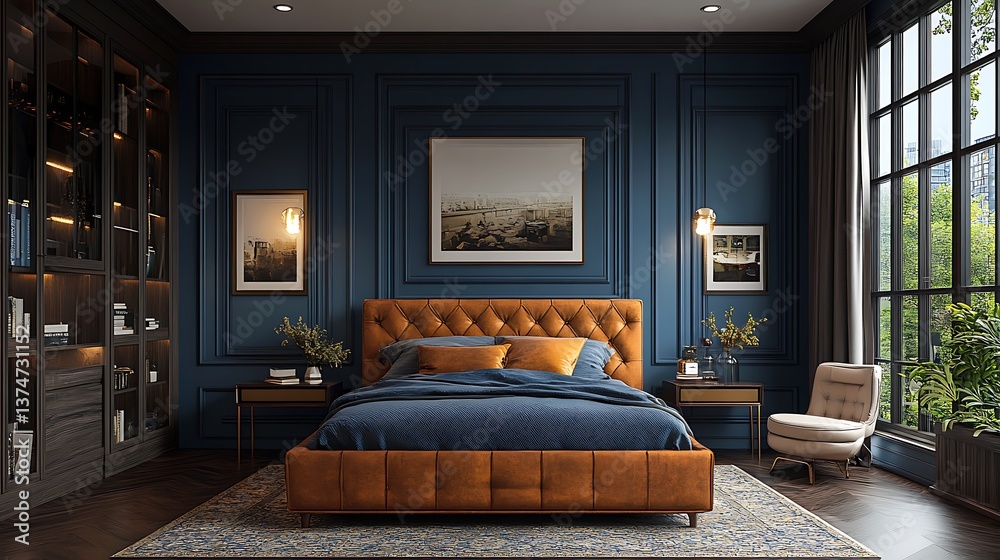 Sophisticated bedroom with navy walls high resolution image Sophisticated bedroom with navy walls high resolution image