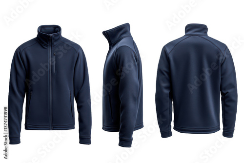 Three views of a navy blue fleece jacket with a zipper and a stand up collar on a black background