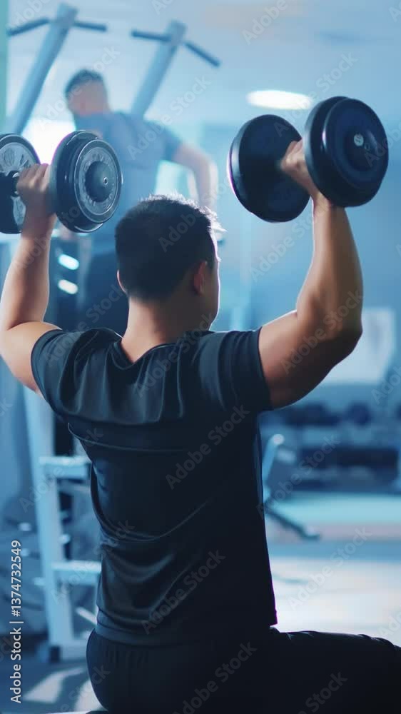 Active bodybuilder young asian man lifting heavy weights black dumbbells concentrating working out alone. Gym concept. Healthy lifestyle.
