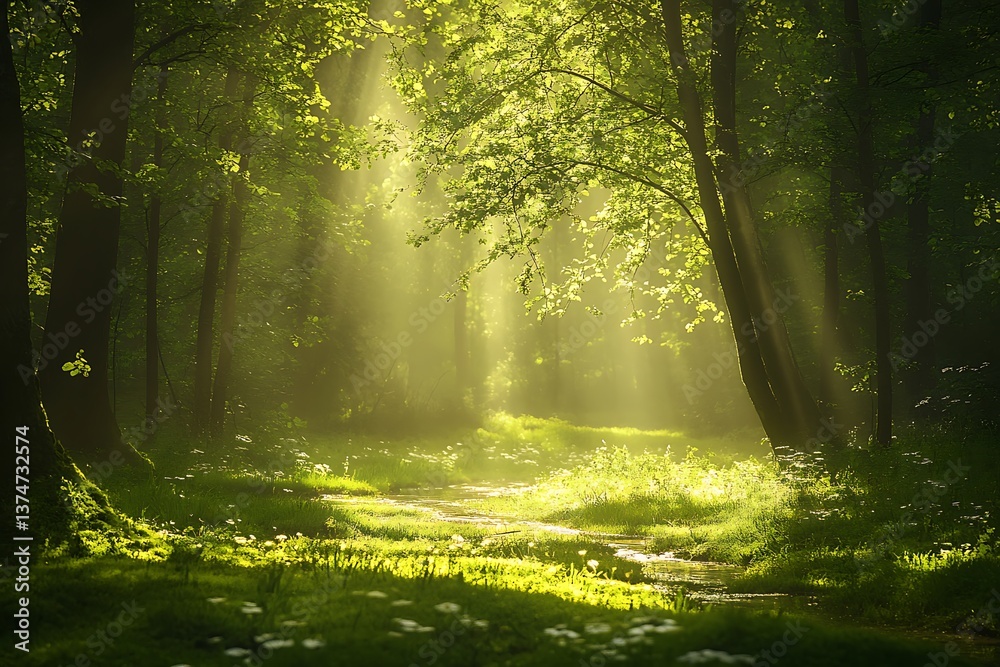 Obraz premium witness a captivating scene emerge as a soft stream winds through a green forest base covered in a rich moss blanket with a mystic play of light and shade 