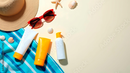 Wallpaper Mural Photo of a bottle and tube of sunscreen on a beach towel with sunglasses, a hat and seashells in the background. Free space for text on the right Torontodigital.ca