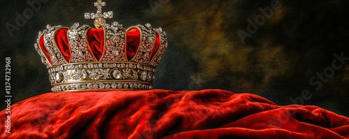 The United Kingdom's monarchic symbols are depicted in an illustration featuring a royal golden crown with jewels on a golden pillow set against a red background, leaving copyspace to the left