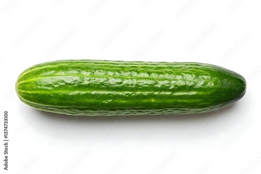 A vibrant, crisp cucumber rests on a pristine white background, showcasing its fresh, green skin and plump texture in sharp detail.