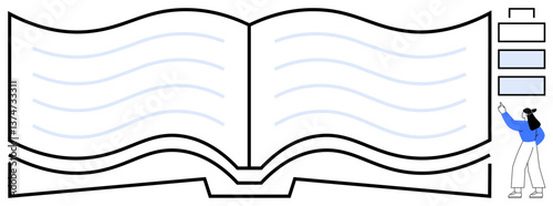 Large open book outline with abstract wavy lines, person managing stacked page elements. Ideal for education, research, knowledge sharing, reading, organization, e-learning content creation. Flat