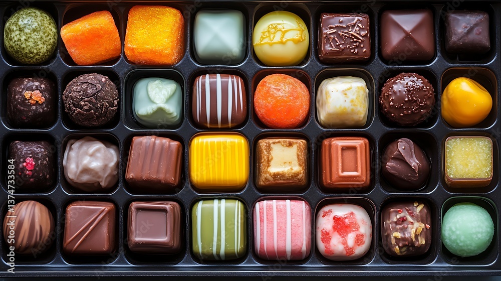 Box of assorted chocolates in variety of shapes, colors and flavors. Luxurious and decadent confections. Perfect gift box for 33 Flavors Day celebrations Box of assorted chocolates in variety of shapes, colors and flavors. Luxurious and decadent confections. Perfect gift box for 33 Flavors Day celebrations