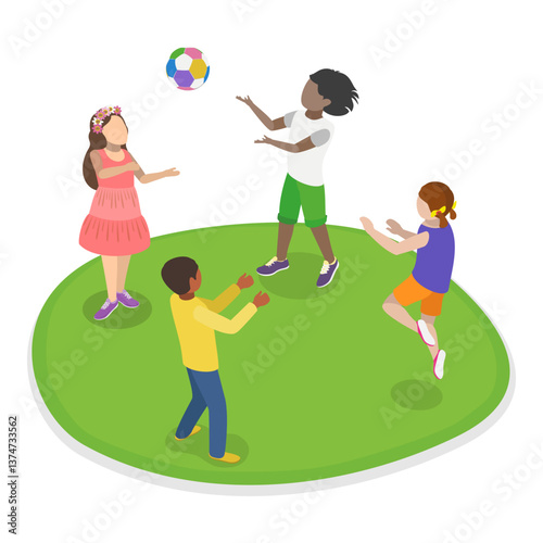 3D Isometric Flat Vector Illustration of Children Playing Outside, Active Healthy Childhood. Item 2