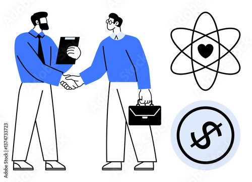 Two men shaking hands, one holding a clipboard, beside icons of heart in atomic structure and dollar sign. Ideal for collaboration, teamwork, trust, agreement, innovation strategy finance. Flat
