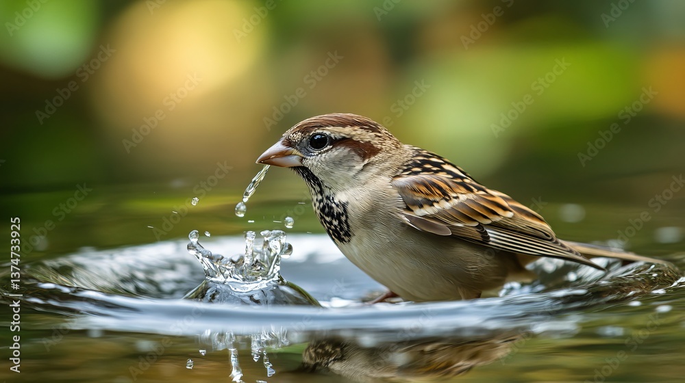 Fototapeta premium A sparrow drinking water from a pool with water droplets and a blurred green background outdoors