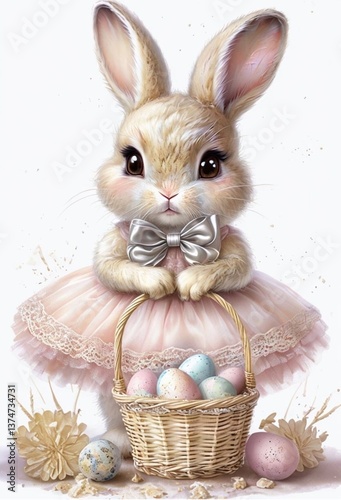 Easter bunny with basket: a bright and detailed illustration of a rabbit in a pink dress with a basket of eggs.