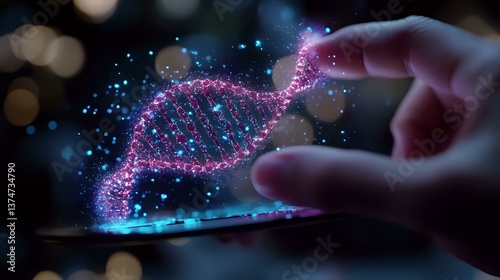 Glowing DNA helix structure with pink and blue particles floating above digital screen as fingers interact with holographic genetic visualization in dark space.