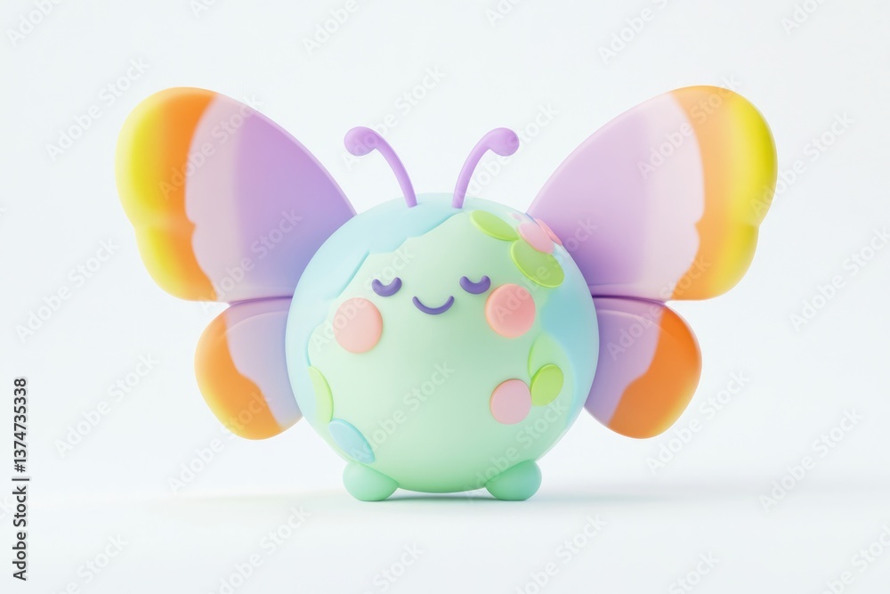 Obraz premium Adorable pastel-colored 3D render of a cute cartoon butterfly with closed eyes.