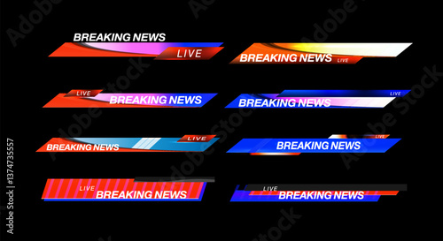 Dynamic news graphics displaying breaking news alerts in vibrant colors.