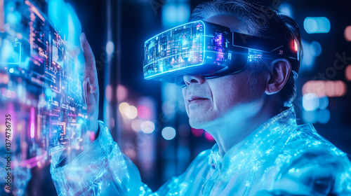 An elderly man engages with futuristic technology. The concept of how technology bridges generational gaps and enhances accessibility for all ages. Generative AI.