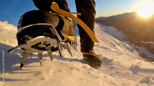 A close-up shot of a climber's crampons digging into the snow, highlighting the struggle and determination on a snowy mountain.