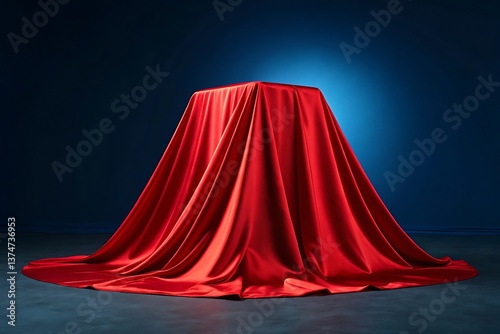 A dramatic red satin cloth concealing a mystery, a moment of anticipation before a grand reveal against a deep blue backdrop.