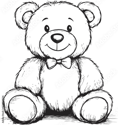 Smiling teddy bear illustration with bowtie in black and white hand drawn sketch. Vector illustration