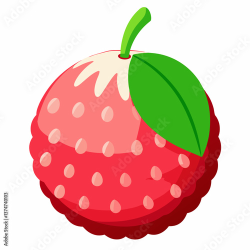 A red fruit with green leaves attached, resting on a light surface.