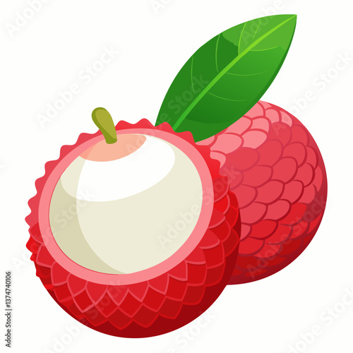 A red fruit with green leaves attached, resting on a light surface.