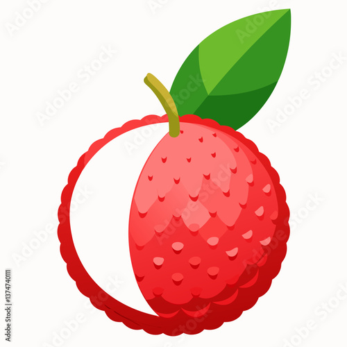 A red fruit with green leaves attached, resting on a light surface.