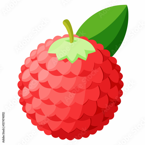 A red fruit with green leaves attached, resting on a light surface.