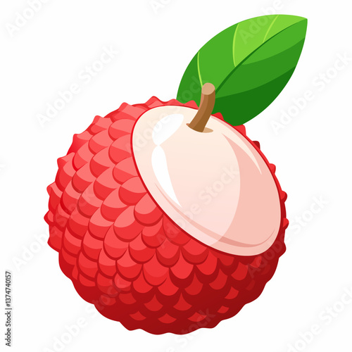 A red fruit with green leaves attached, resting on a light surface.