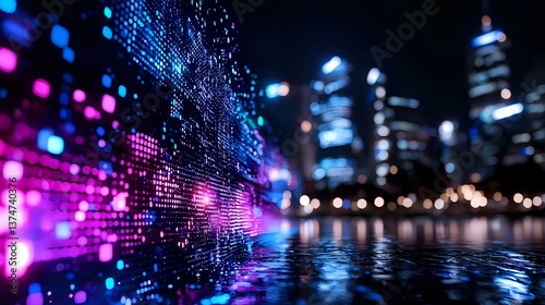 Digital technology wave with glowing purple and blue data particles flowing over blurred night cityscape and water reflection  representing smart city concept.