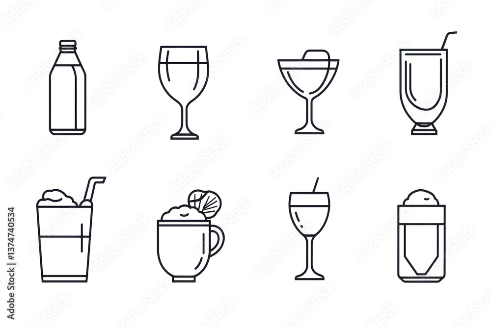 Collection of eight different outlined drink icons on a black background in a simple style Collection of eight different outlined drink icons on a black background in a simple style