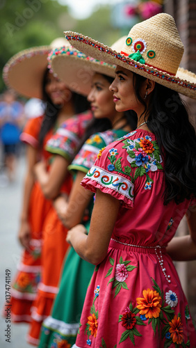 Vibrant Cinco de Mayo traditional attire with embroidered dresses and sombreros, isolated on transparent background, ideal for cultural events, marketing, and social media    keywords:   Cinco de Mayo
