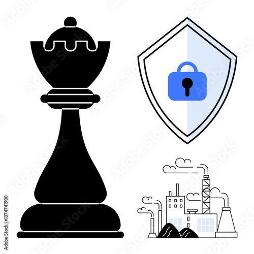 Chess rook, secure shield, and industrial factory elements. Ideal for cybersecurity, strategy, protection, industrial safety, risk management manufacturing security and strategic planning. Abstract