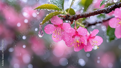   A blooming tree branch adorned with pink blossoms, featuring drizzly water droplets against a hazy rain backdrop