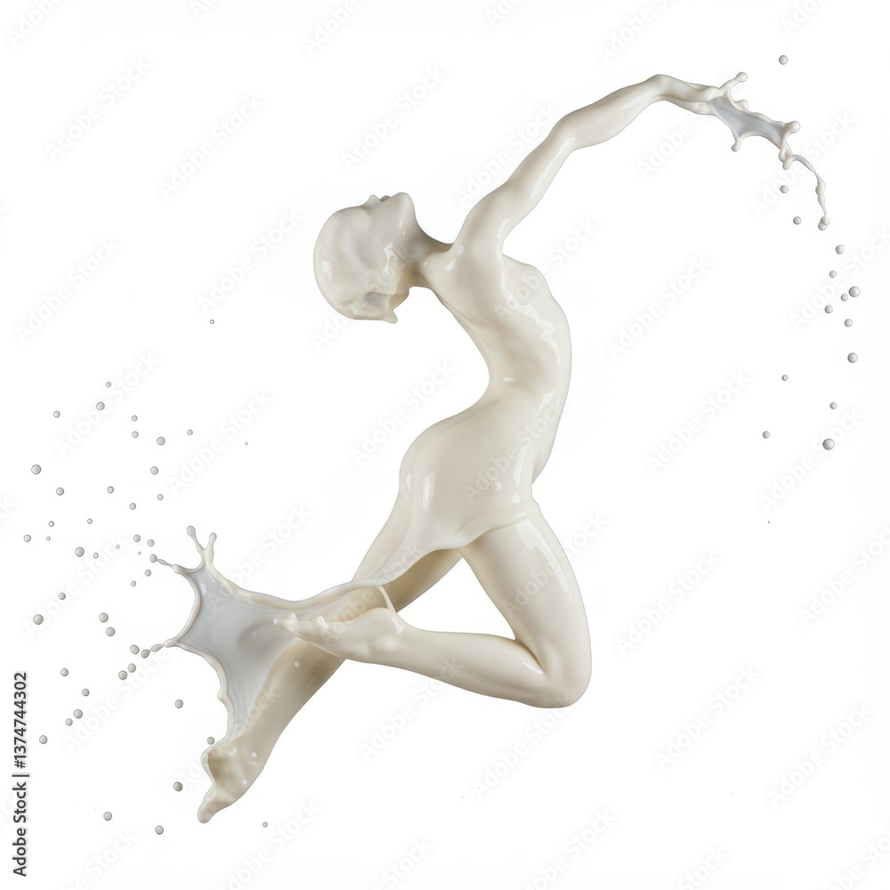 Creative high-speed photograph capturing a splash of opaque white milk forming an abstract, dynamic silhouette shape dancer,against a stark white background Creative high-speed photograph capturing a splash of opaque white milk forming an abstract, dynamic silhouette shape dancer,against a stark white background