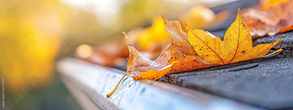 Obraz premium gutter roof house cleaning home leaves fall rain maintenance autumn. hand gutter roof house clean dirty cleanup drain building rooftop leaf work debris repair nature drainage trough pipe damage DIY