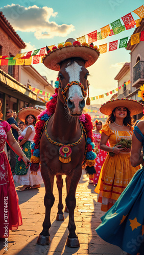 Vibrant Cinco de Mayo celebration with decorated burro, traditional Mexican marketplace, and joyful dancers isolated on transparent background, ideal for cultural events, travel promotions, and 