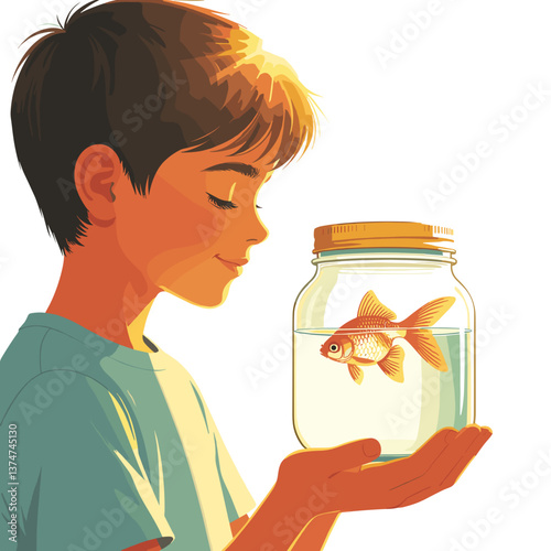 A boy with a joyful expression on his face holds a goldfish in a jar on a bright background.  cut out