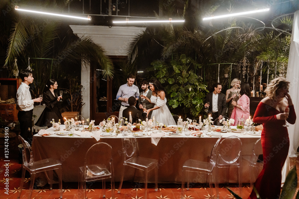 Φωτογραφία Guests mingle and talk during a wedding reception in an indoor venue filled with plants as the bride in a white dress walks toward the groom seated at a decorated dinner table