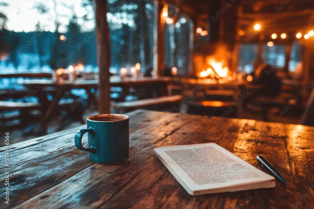 Cozy scene with warm drink, book, pen on wooden table in open cabin setting with snowy background Cozy scene with warm drink, book, pen on wooden table in open cabin setting with snowy background