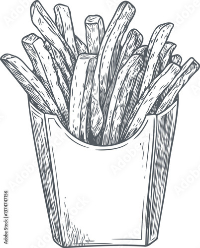 French fries in paper box sketch illustration in monochrome detailed style. Vector illustration