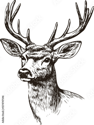 Deer head illustration with large antlers 