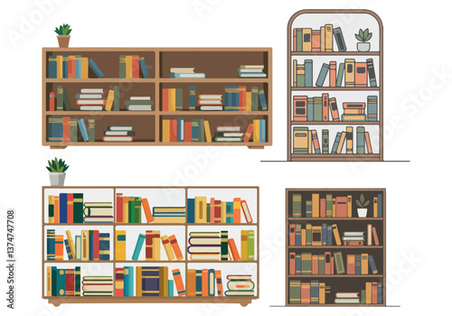 Set of Bookshelves with Books and Plants, Wooden Shelving Units, Interior Decor Illustrations