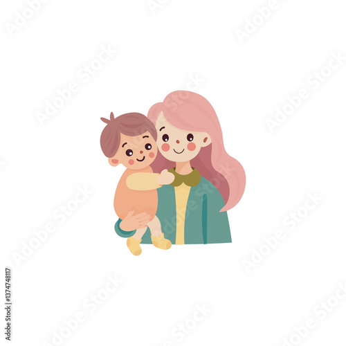 This cute and gentle set of illustrations is dedicated to maternal love and care. It depicts a mother with long pink hair and her little child in various touching moments.