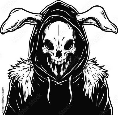 Black and white illustration of a sinister skeletal figure with a skull face wearing a fur-trimmed hooded jacket and large drooping rabbit ears against a transparent background