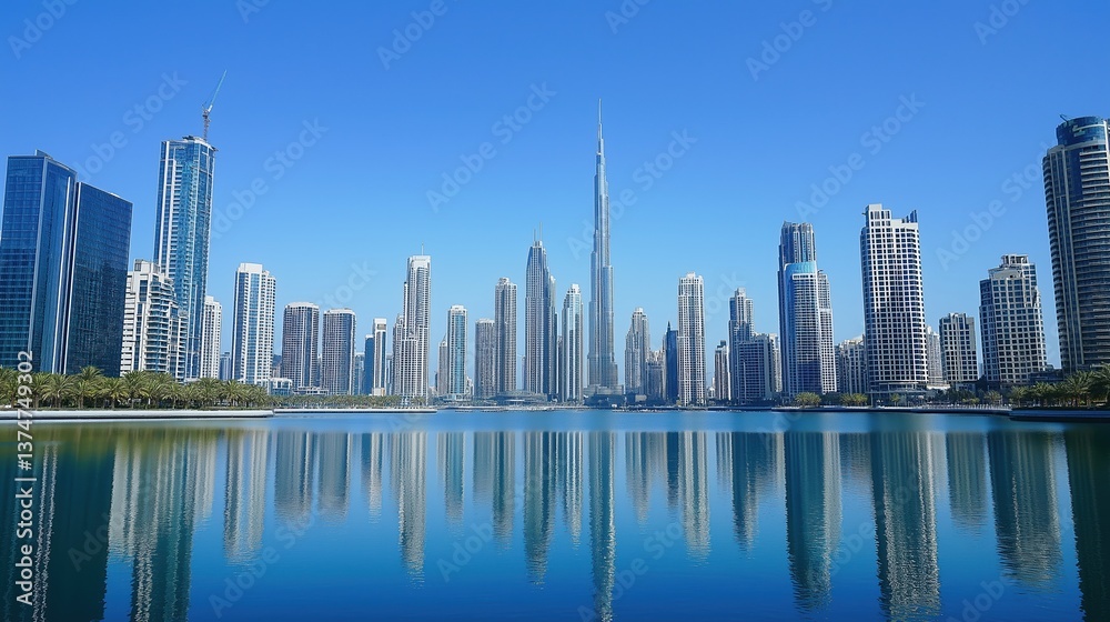 Naklejka premium Modern Urban Skyline with Reflective Waterfront View